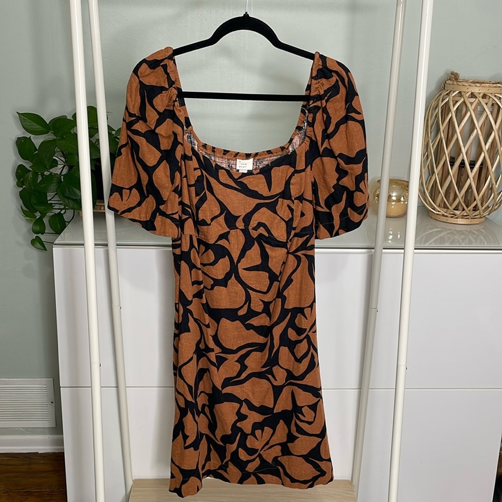 A New Day Linen Blend Smocked Puff Sleeve Neutral Tropical Print Dress XXL